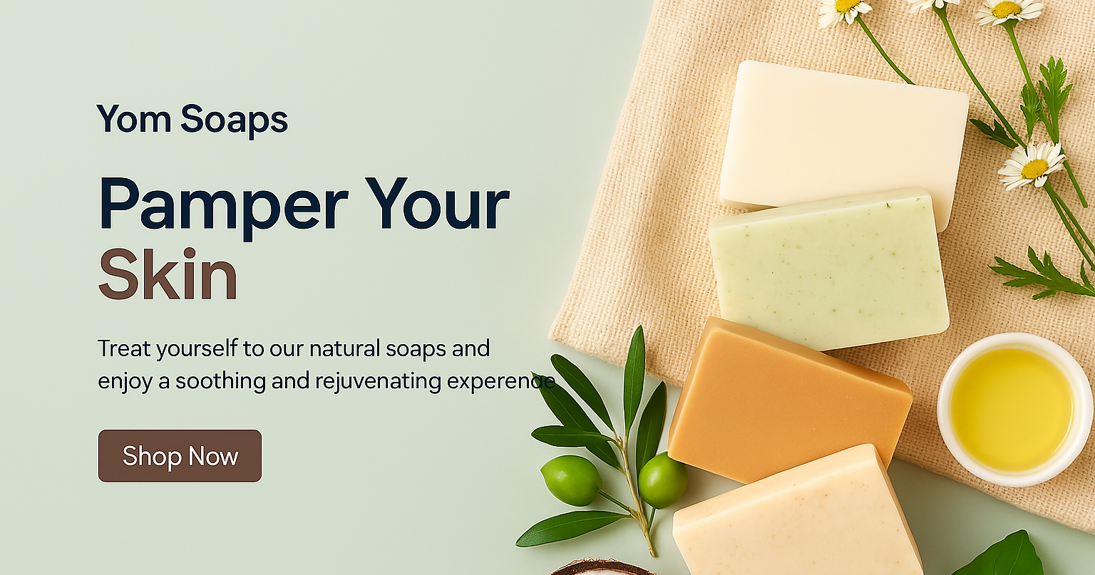 Pamper Your Skin with Ayurvedic Handmade Soap – YOM Soaps;&amp;lt;H1&amp;gt; The image features a warm-toned YOM Soaps advertisement showcasing four rectangular soap bars surrounded by natural elements like coconut, chamomile flowers, and herbal leaves. A soft beige backdrop and gentle lighting evoke a soothing, luxurious vibe with a “Pamper Your Skin” message and a “Shop Now” button. 🌿🧼